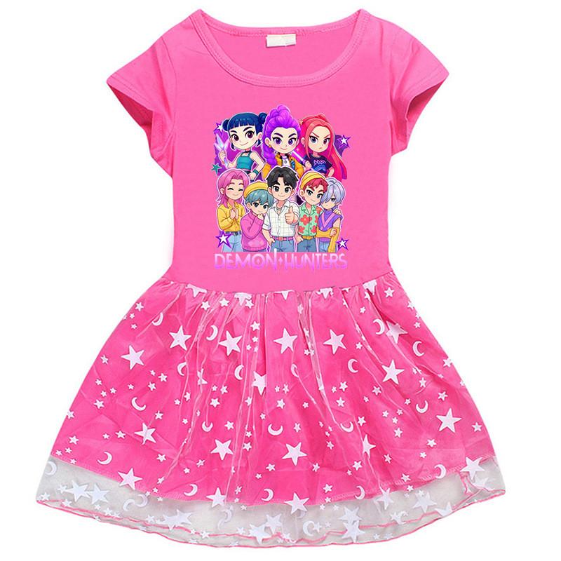 Girls Kpop Mira Zoey Rumi Hunters Print Round Neck Cotton Mesh Dress