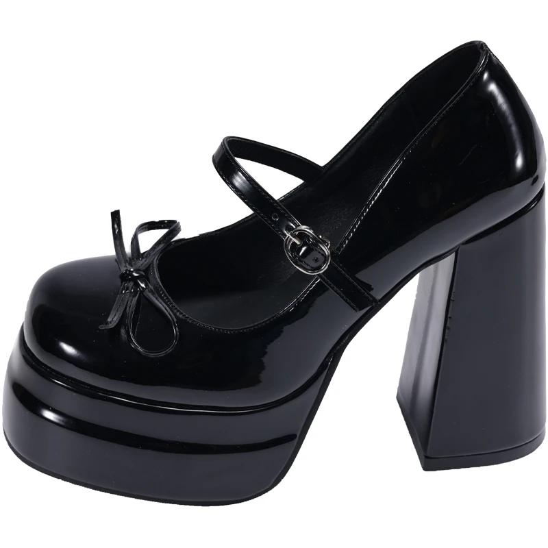 Fashion Super High Heel Mary Jane Shoes Women's Retro Round Toe Shallow Mouth Bow Platform One Strap Block Heel Solid Pumps Single Shoes