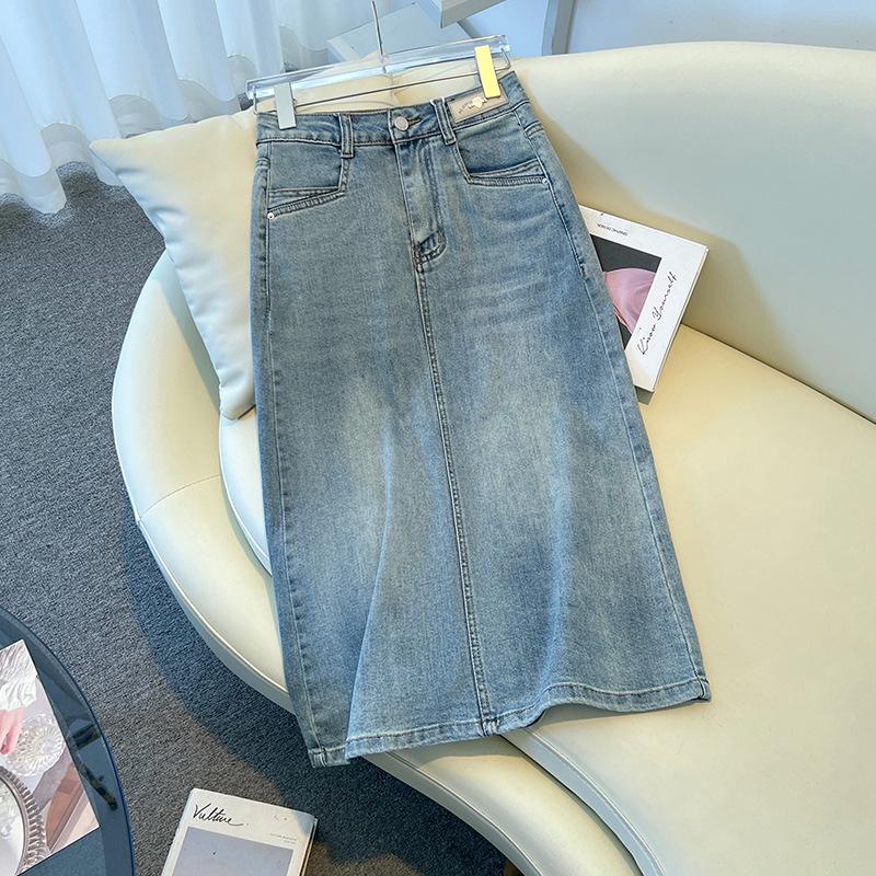 

Юбка миди из ретро денима с высокой талией для женщин - А-силуэт, стиль карандаш, новинка для весны и осени M [95-105 jin]