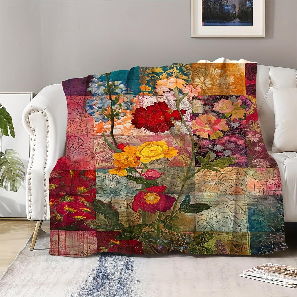 1pc Artistic Floral Patchwork Blanket, Bohemian Colorful Flower Pattern Warm Blanket, Ideal for Home Decor & Festival Gifts