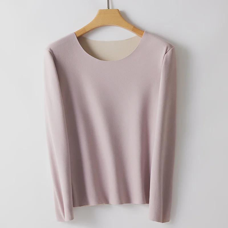 

Женский термотоп с длинным рукавом из немецкого бархата: Приталенный крой, круглый вырез, однотонный, большой размер, тепло для осени/зимы. 2XL [70-80 kg]