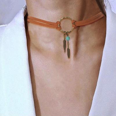 Women Bohemian Choker Boho Feather Bead Pendant Brown Leather Chain Necklace  Lady Jewelry Party Gift