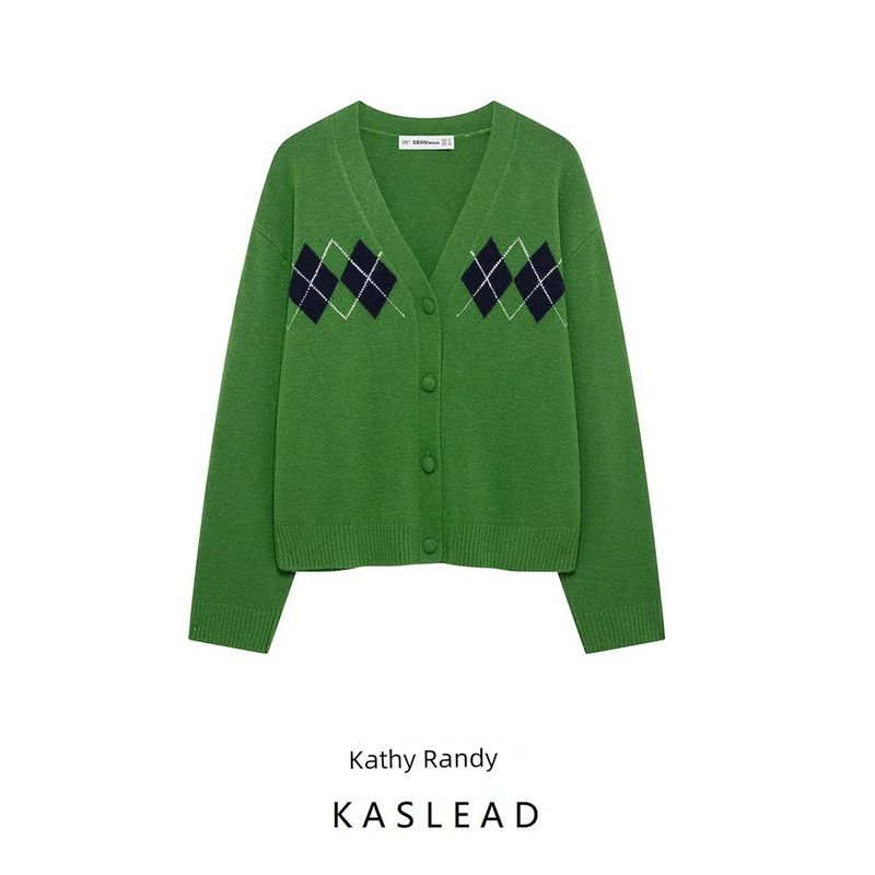 Kaslead New Arrival Women's Clothing Fashion Style Diamond Pattern Minimalist Long Sleeve V-neck Knitting Short Coat 5755019