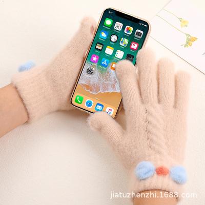Winter Gloves Women's Velvet Thickened Five-finger Students Cute Knitted Cold-proof Riding Can Keep Warm Cycling Gloves