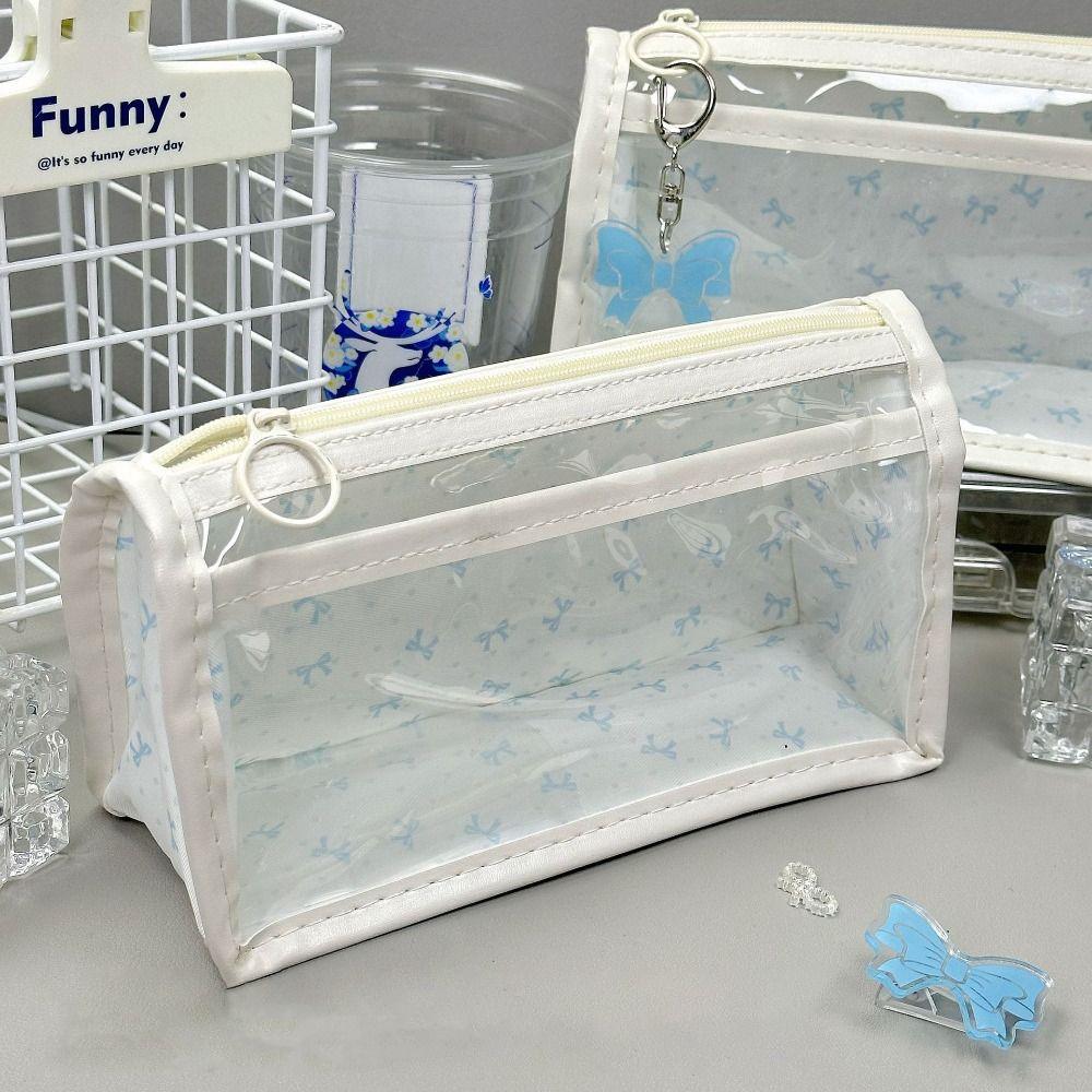 High Quality Butterfly Floral Print Pen Bag Transparent Double Layer Stationery Bag Large Capacity Pencil Case School Office