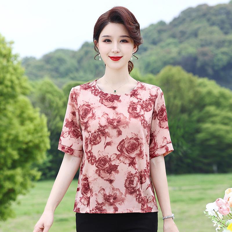2026 New Style Printed Short Sleeve Fashion Shirt: Stylish, Loose, Breathable Round Neck Top for Middle-Aged Women