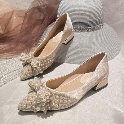 New Fairy Style Mid Heel Versatile Pearl Water Diamond Silk High Heels Butterfly Knot Thick Heel Pointed Fashion Single Shoes
