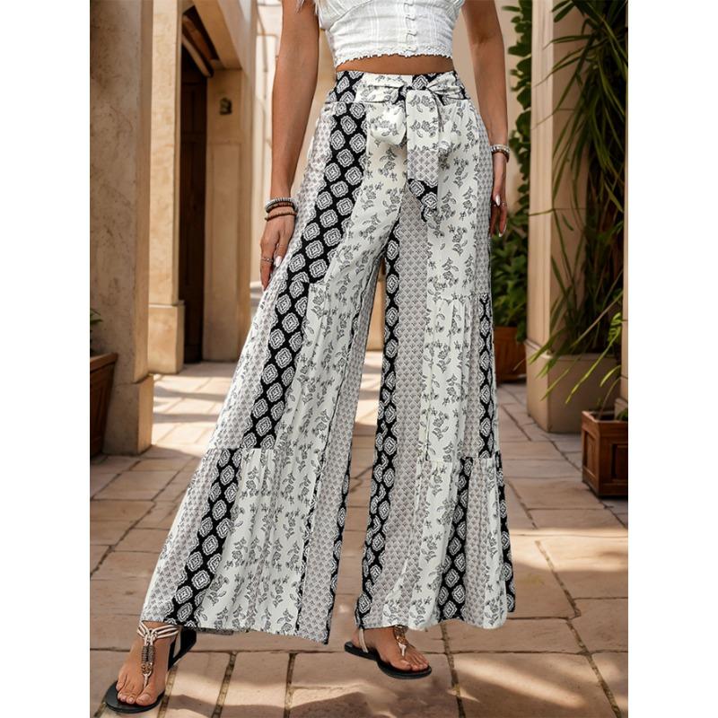 Casual Vacation Style Lace-up Geometric Floral Print Wide-leg Pants for Women