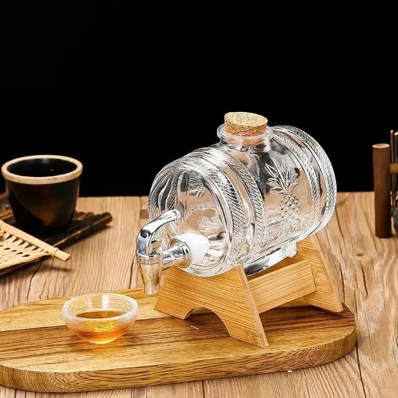 Butoi pentru băuturi de 1L cu robinet Sticlă transparentă gofrată Butoi de vin Vin Whisky Suc Cană Butoi de sticlă Suport pentru vin Butoi de bere