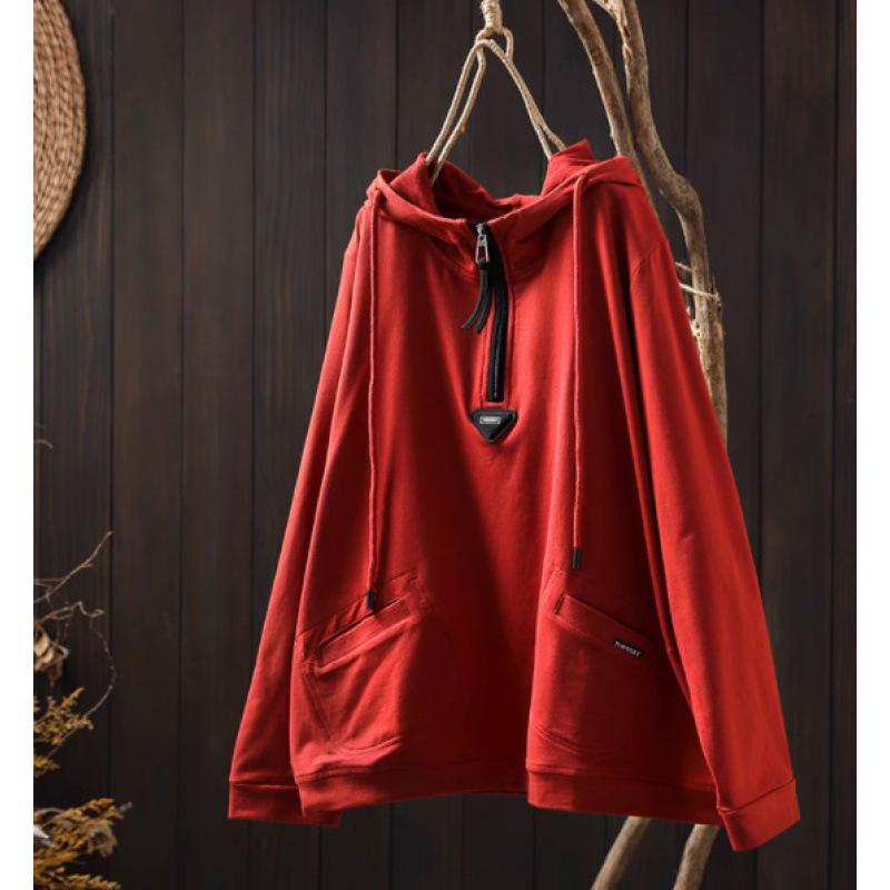 Women's Hooded Half-Zip Hoodie: Large Pockets, Subtle Logo, Stylish Loose-Fit, Casual Long-Sleeve Top