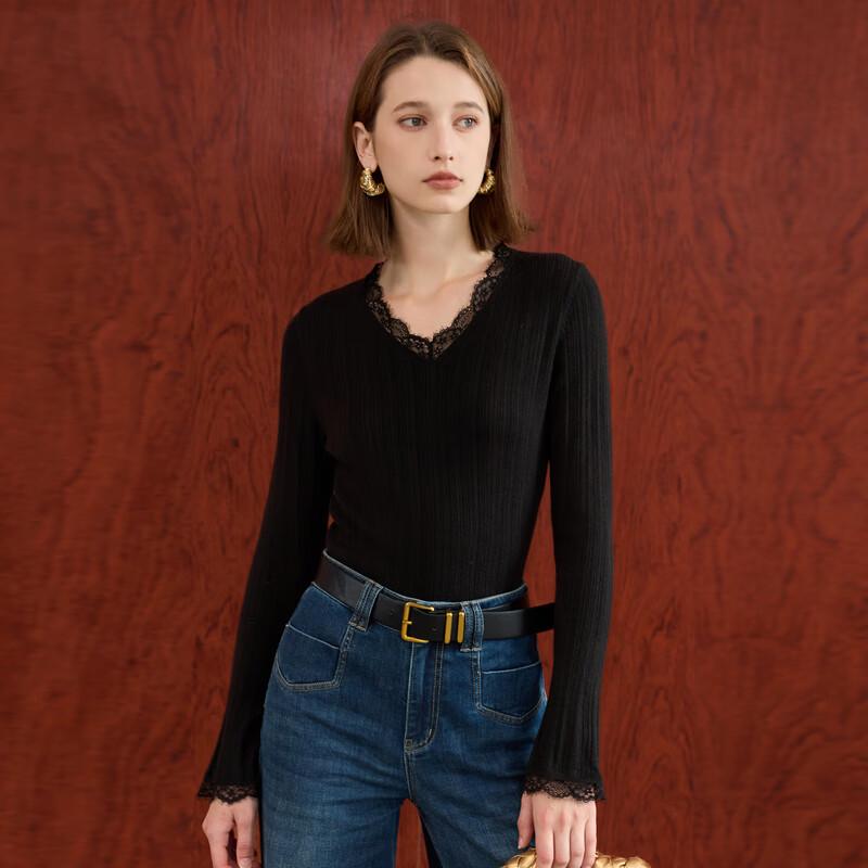 Sancai Women's Slim Fit Lace Trim V-Neck Knit Sweater