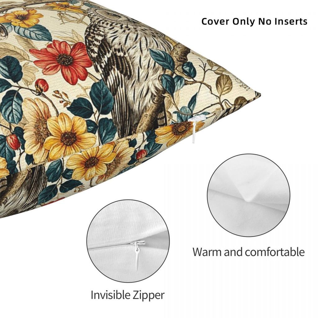 Retro Floral Owl Bird Square Pillowcase Cushion Cover Pillow Case Throw Pillow Cover for Home Bedroom Car