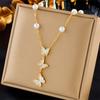 Gold Plated Y Drop Necklace with Shell Butterfly Pendant and Pearl Charms Fashion Jewelry for Women