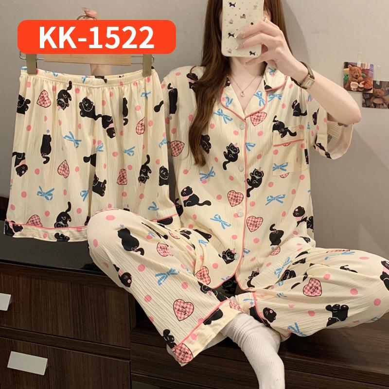 Sweet Striped Bow Print Korean Style Crinkle Pajamas Set for Women - Three-Piece, Short Sleeve Homewear.