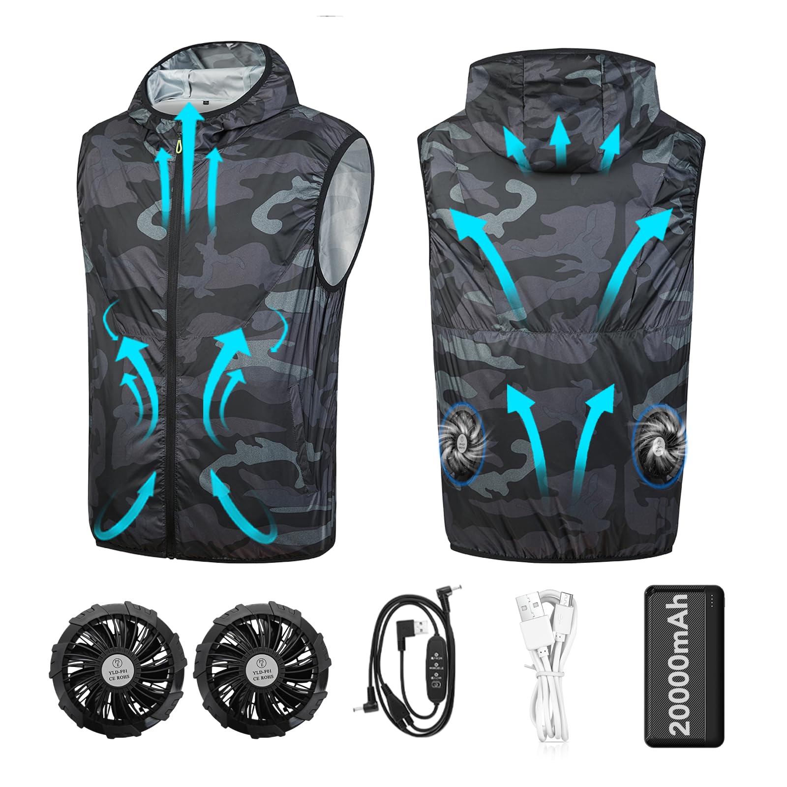 

[DUDUBON] [Жилет с шляпой] Рабочая одежда с кондиционером, аккумулятор большой емкости 20000 мАч в комплекте, питание от USB, выход 5 В, 3 типа скорости ветра