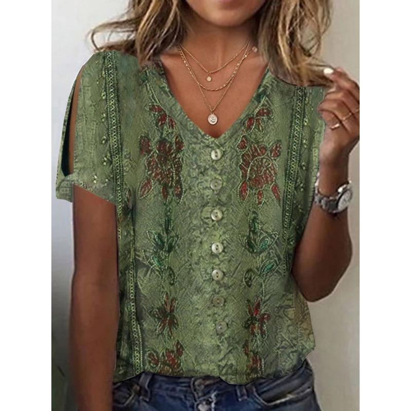 

Printed Hollow Out Short Sleeved T-shirt Women s V-neck Casual Top Simple Commuting Thin Summer Shirt Retro Harajuku Style S зелений