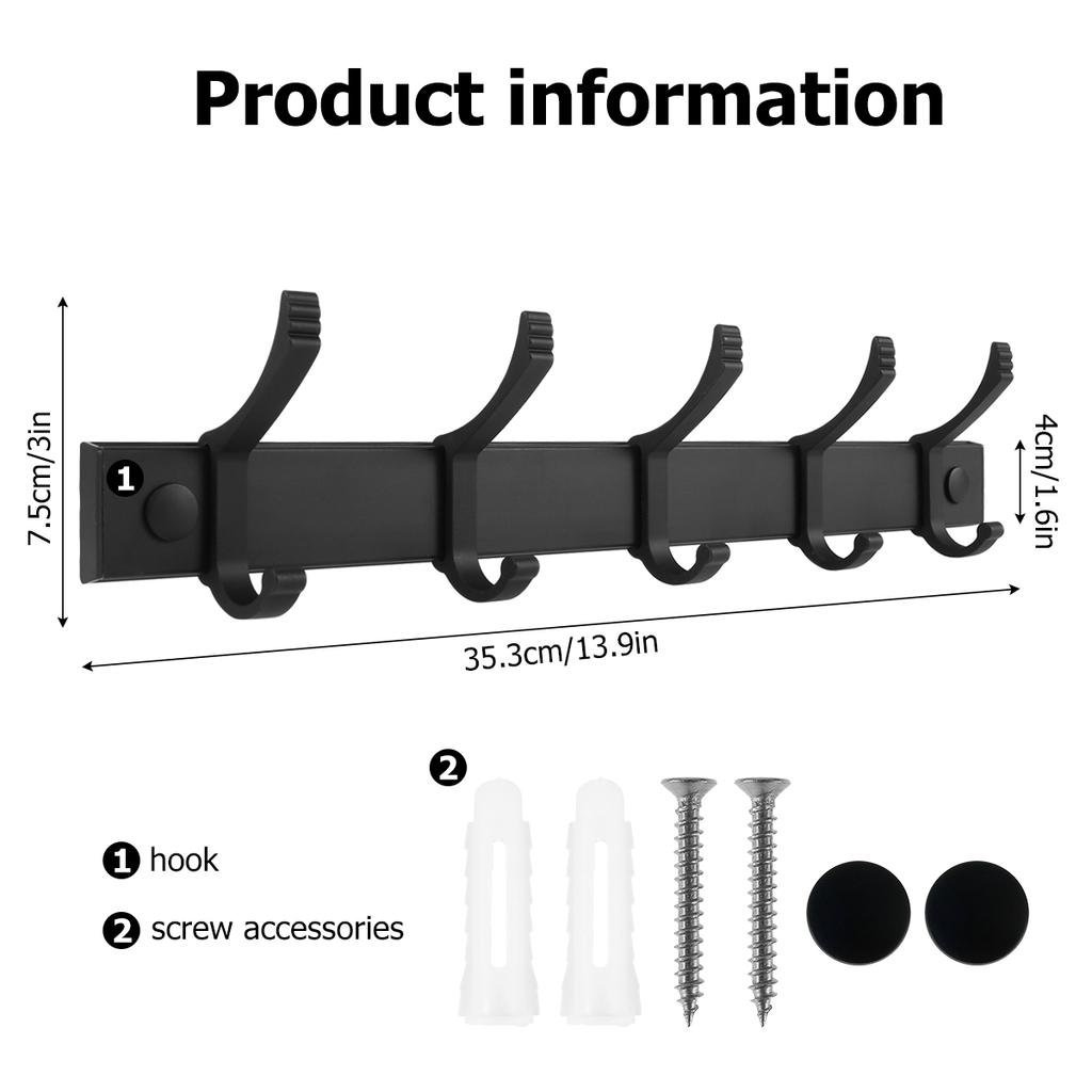 Coat Rack Wall Mounted - 5 pair Moveable Hooks Heavy Duty, Aluminum Coat Hook Rail for Coat Hat Towel Purse Robes Mudroom