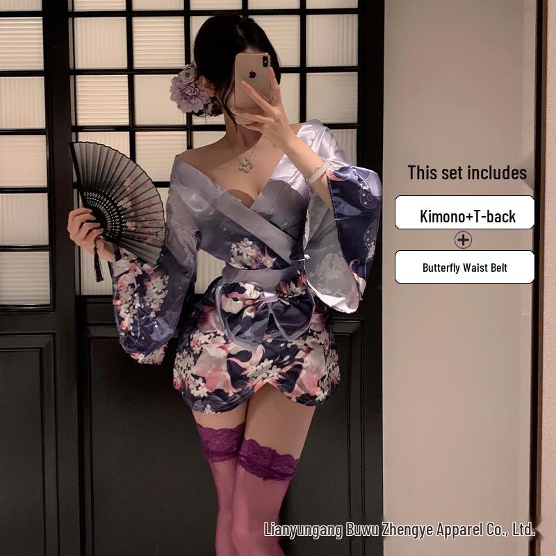 Sexy Deep V Open-Front Japanese Kimono Pajama Set for Women