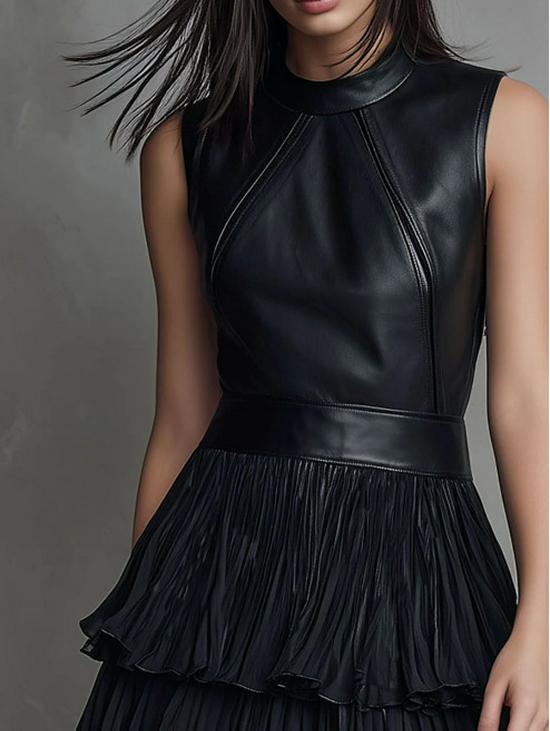 Leather Sleeveless Layered Dress - Spring/Summer Fashion Trend, European American Style
