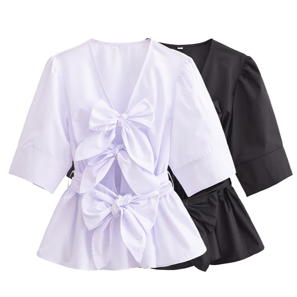 

2025 Spring/Summer Women s V-Neck Puff Sleeve Bow Tie Short Top M чёрный