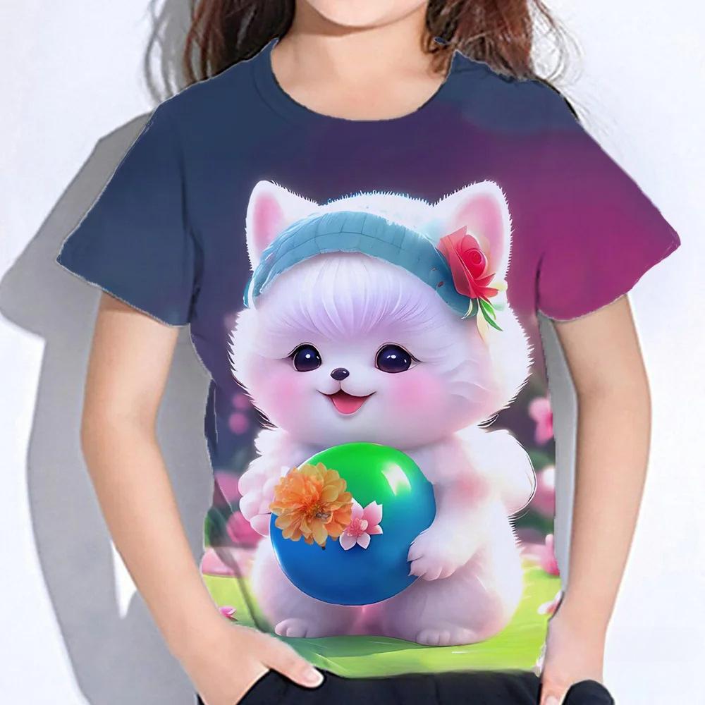 Summer Round Neck 3D Cat Printed Top Fashionable Casual Short Sleeved Children's Girl T-shirts
