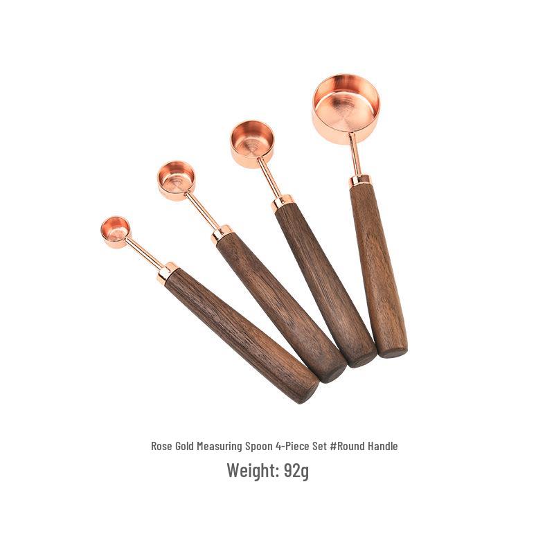 Gold-Plated Stainless Steel Measuring Cups & Spoons Set with Acacia Wood Handles – 8 Pieces
