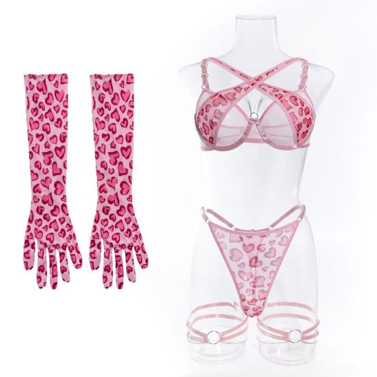 1 Set Damen Unterwäsche Set Inklusive Handschuhe und Oberschenkelringe Kettendekor Herzprint G-String Ausgeschnitten Verstellbares Kreuz