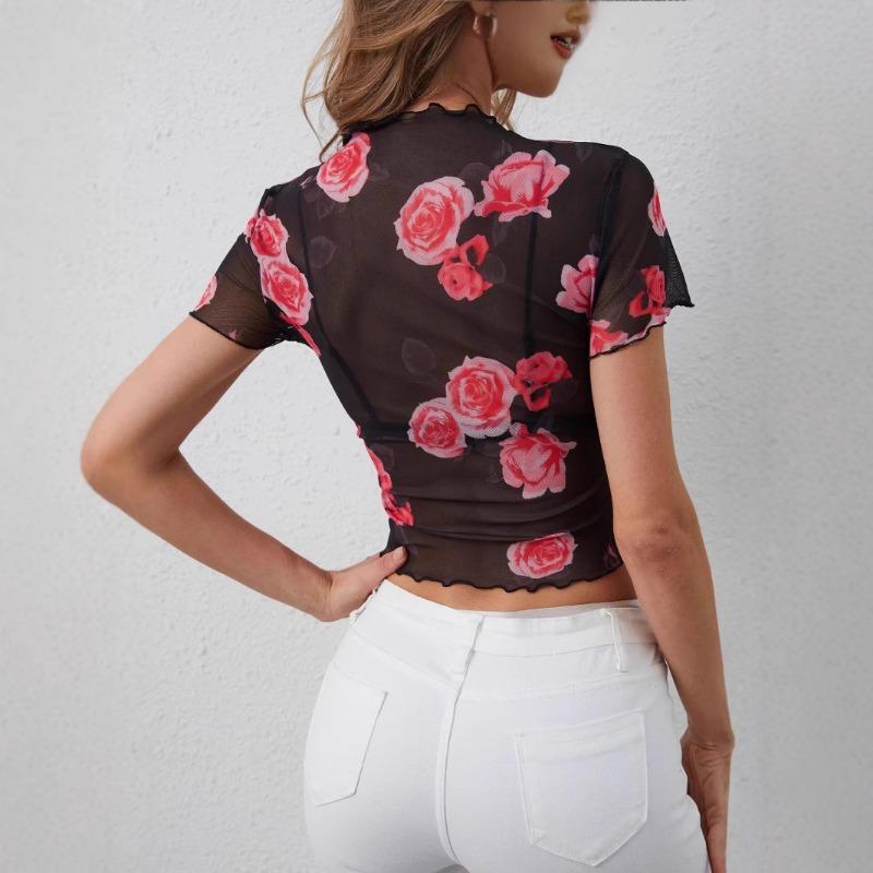 2025 Summer New Mesh Flower Print Wood Earrings New Short-sleeved T-shirt Slim Top for Women