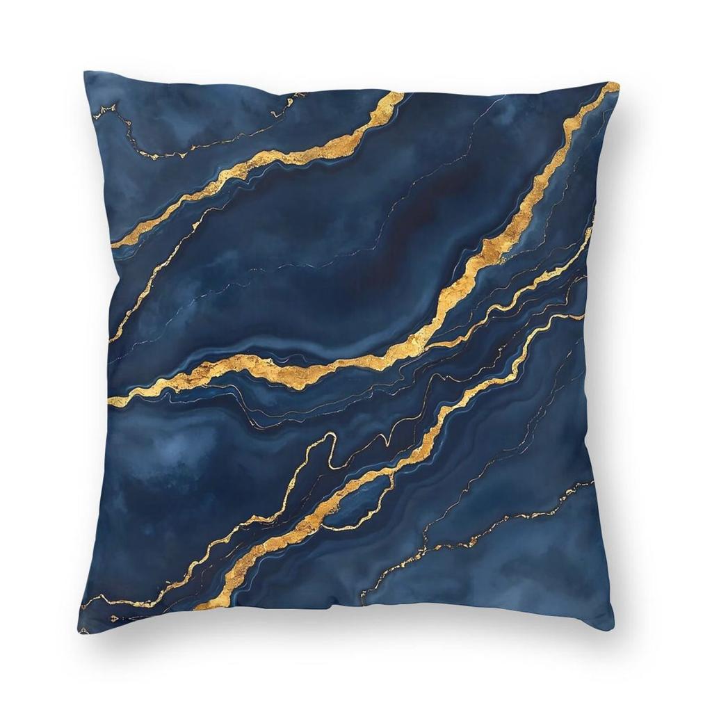 Popular Navy Blue Gold Marble Square Pillowcase Polyester Linen Velvet Pattern Zip Decorative Bed Cushion Cover Wholesale