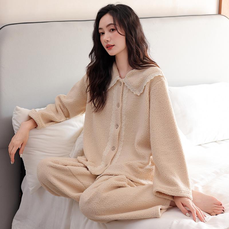 Coral Fleece Pajamas Women'S Autumn And Winter Fleece Thickened Flannel Furry Warm Loungewear Set