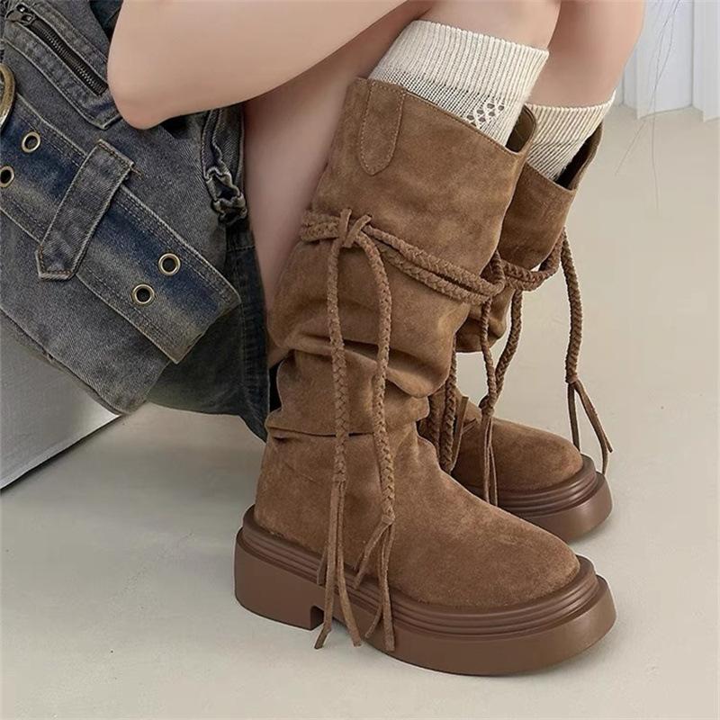 Wasteland wind thick-bottomed fringed boots women's 2025 new Maillard brown pile western cowboy boots