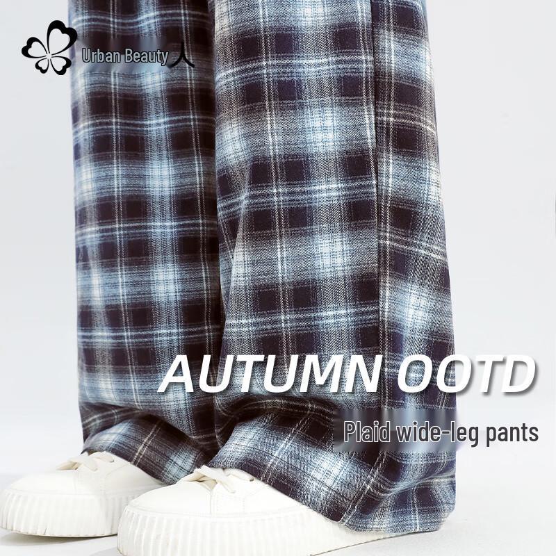 

Dushi Liren Women s American Retro High-Waist Plaid Straight Wide-Leg Pants 2XL