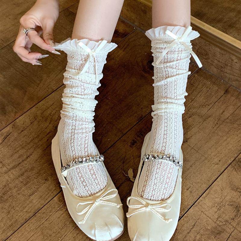 High-value versatile Mori pure desire calf socks ballet style simple two-wear socks hollow lace Lolita stacking socks