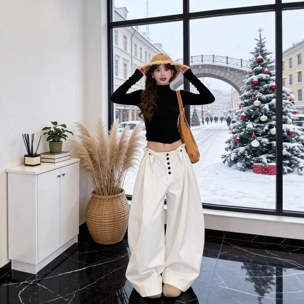 

Women s High-Waisted White Curved Wide-Leg Pants, Perfect for Autumn/Winter, Petite-Friendly, Casual Long Pants Extra Large білий