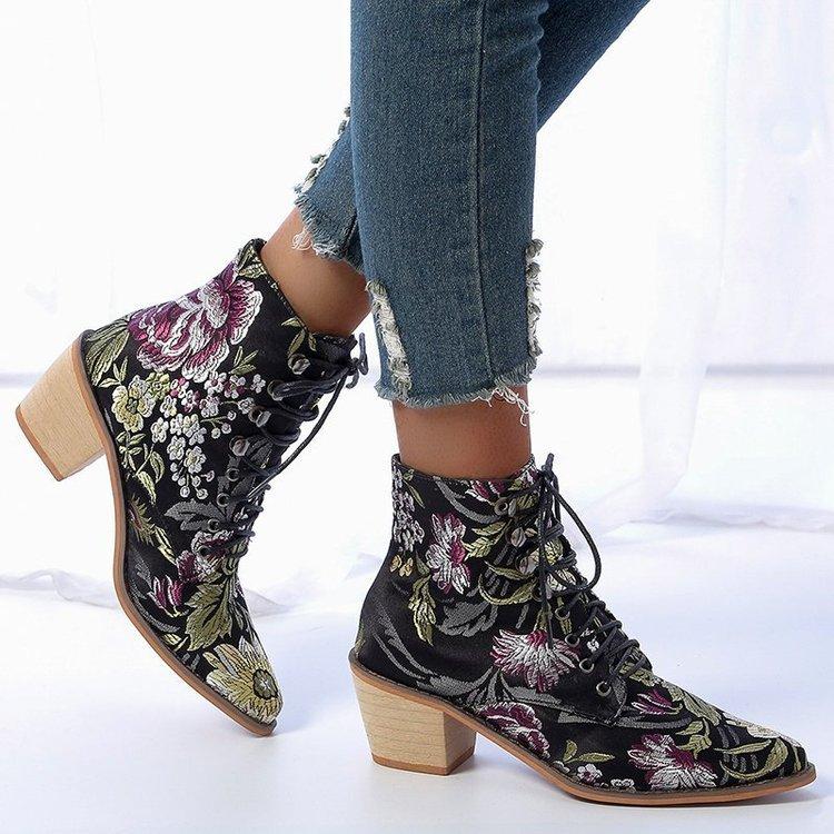 Fashion 2025 Med Thick Heel Ankle Boot Comfort Autumn Winter Ankle Boots Retro Short Booties Women Embroidery Flowe Botas Big Size 43