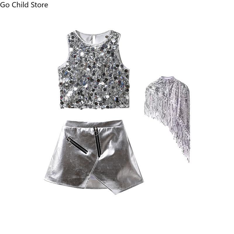 Girls Hip Hop Silver Shawl Sequin Tank Top Street Dance Skirts Kids Shiny Jazz Costumes Clothes Sets Children K-pop Streetwear