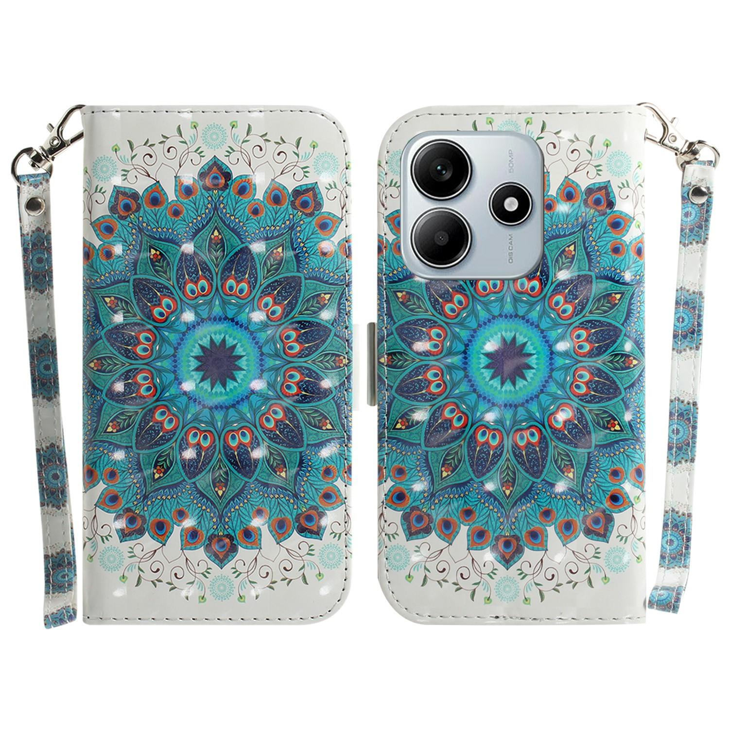 

Для Xiaomi Redmi Note 14 5G Чохол з візерунком, шкіряний гаманець-чохол для телефону з ремінцем на зап ястя Peacock Wreath