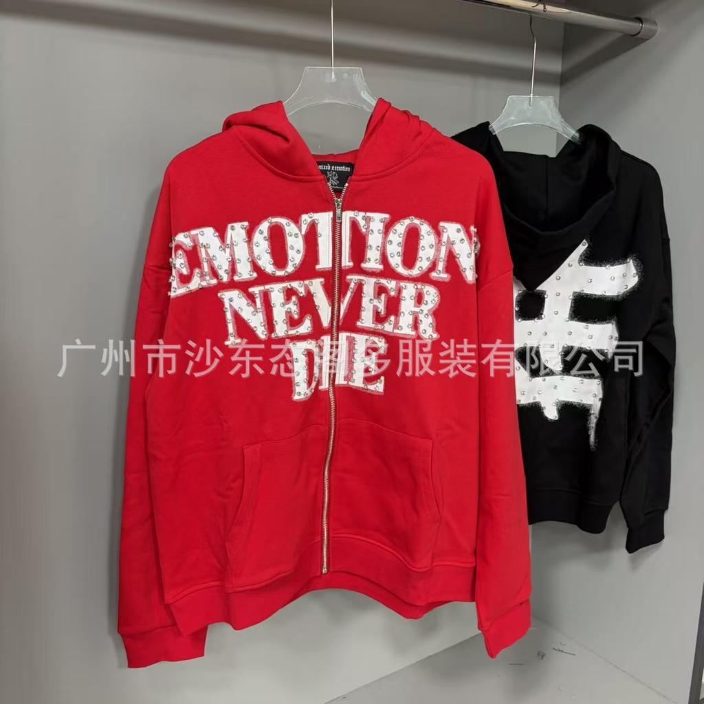 Cross-border Beauty Tide MIXED EMOTION Retro Full Print Handmade Diamond Letter Hooded Sweater Men's and Women's Coats