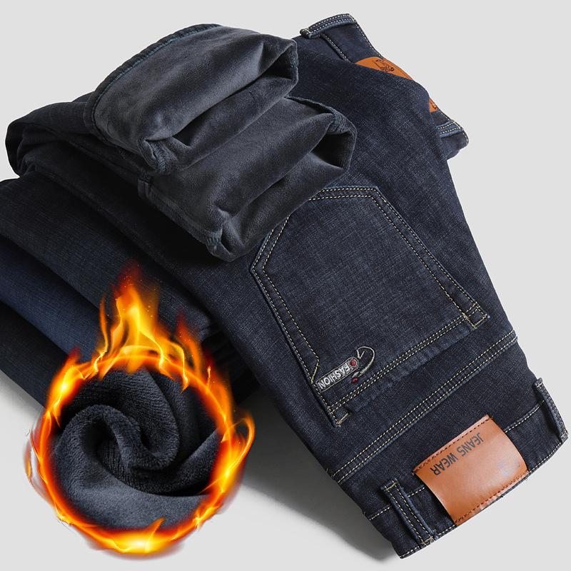 Herre Fleece Jeans Vinter Ny Pluss Størrelse Tykk Varm Rett Stretch Herre Business Casual Arbeid Denim Tykkere Bukser