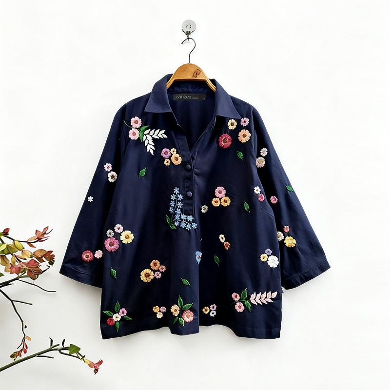 

ZANZEA Женская блузка с отложным воротником, рукавами 3/4, свободного кроя, с цветочным принтом L тёмно-синий