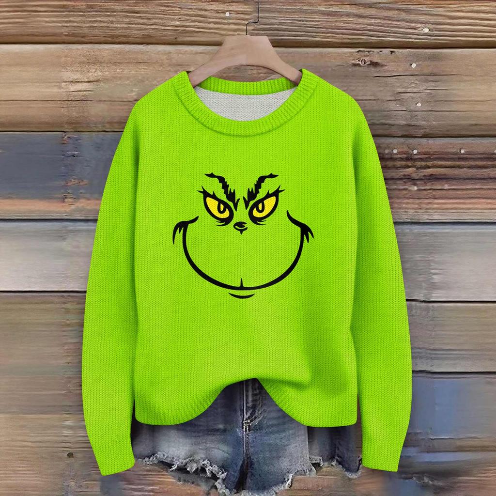 Long Sleeve Pullover Sweaters For Women O Neck Casual Cute Printing Knit Oversized Sweater