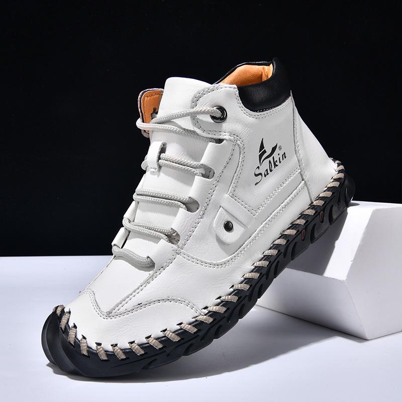 2025 large size men's color matching leather boots, men's fashion hand-stitched ankle boots flat-bottomed lace-up casual