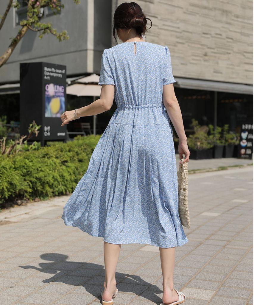 Ppaeppae Round Neck Floral Elastic Waist Pleated Short Sleeve Long Dress