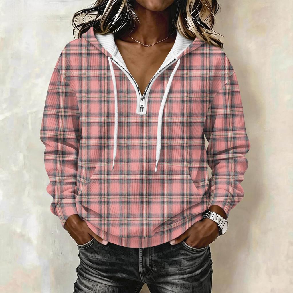 Women's Long Sleeve Pullover Hoodie with Plaid Print and Drawstring Casual Top