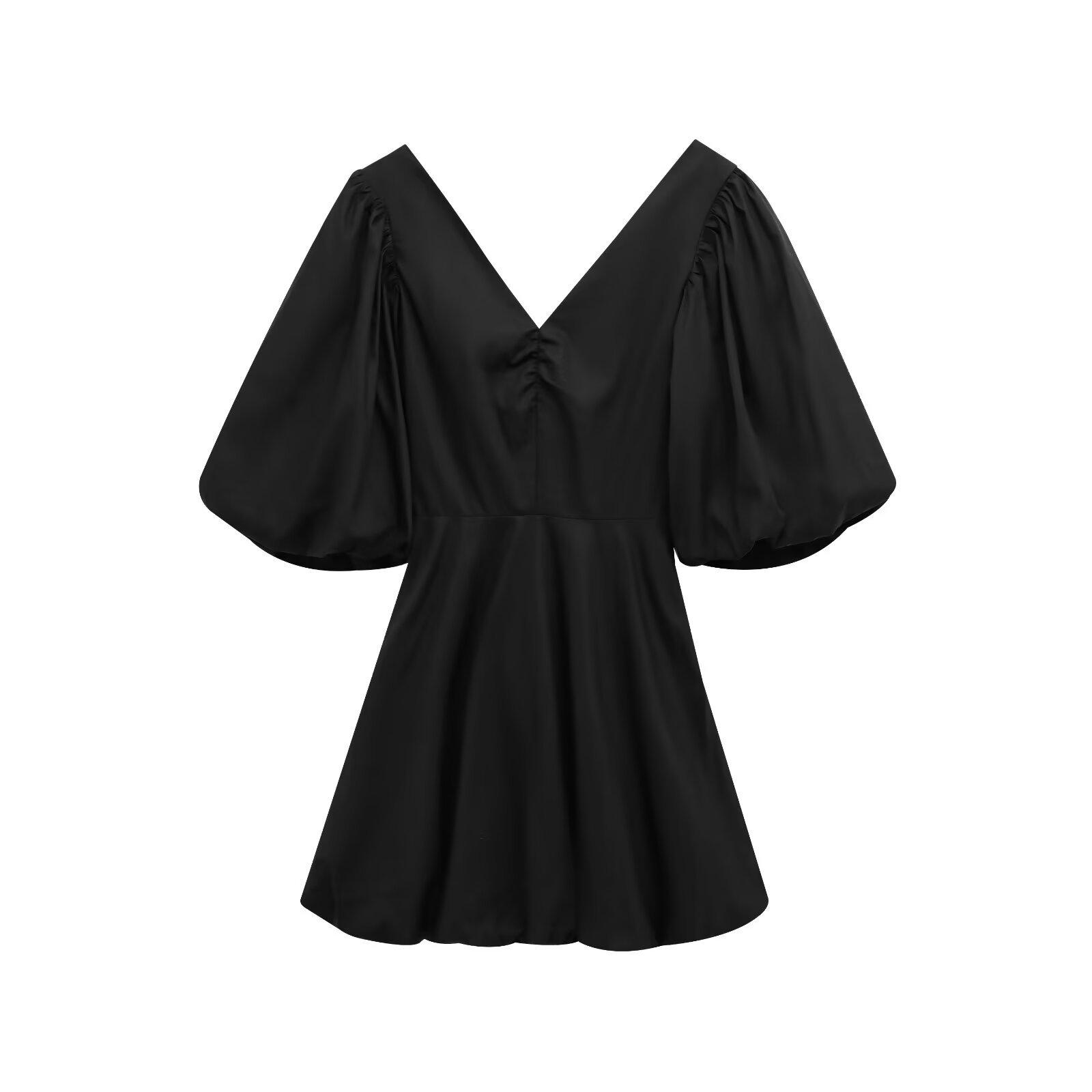 

Весеннее ретро платье с V-образным вырезом, пышными рукавами, открытой спиной и бантом, 2025 Medium чёрный