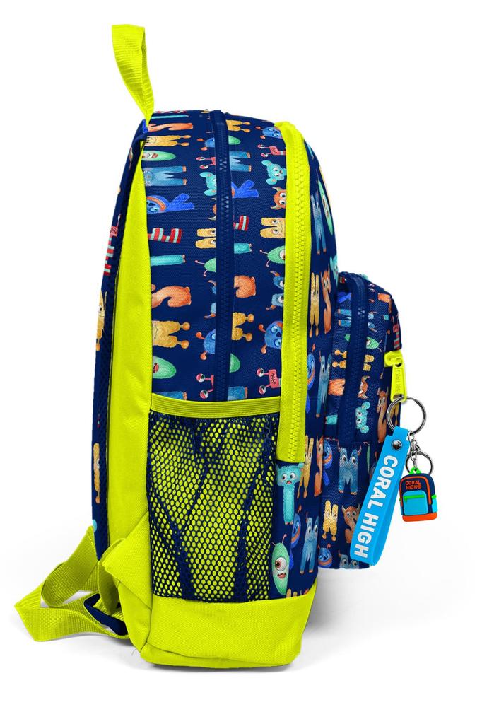 Ghiozdan Școlar cu Patru Compartimente Coral High Kids Albastru Marin Neon Galben cu Model Monstru 23726