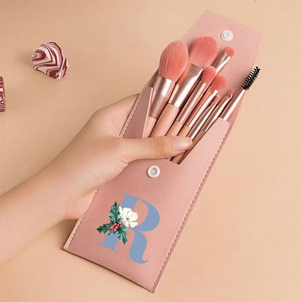 8pcs Pink Professional Makeup Brushes Set Soft Synthetic Bristles For Foundation, Blush With Travel Case Blue Pattern