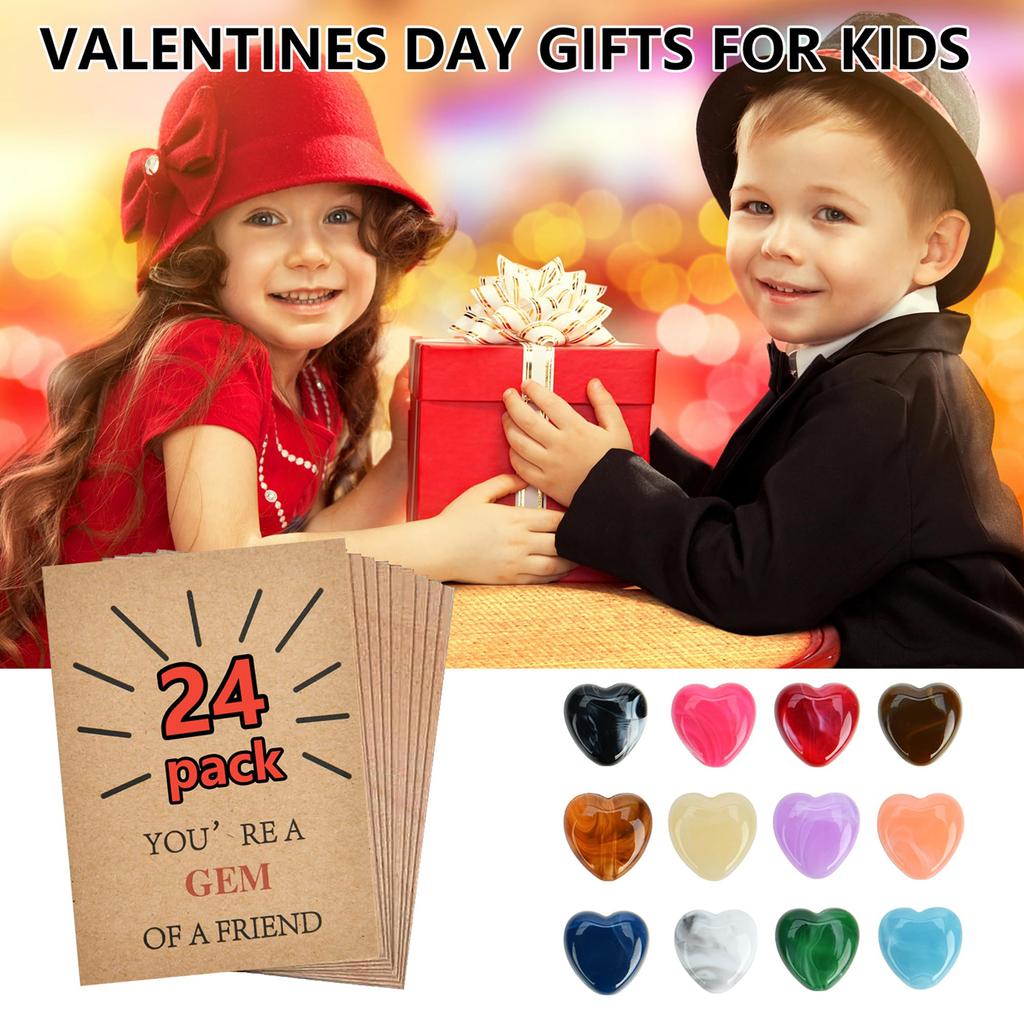 24Pcs Funny Valentine Exchange Card Gift with Heart-Shape Gems Valentines Cards for Boys & Girls Classroom School Party Favor