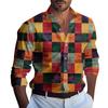 New Men's Long Sleeve Shirt Casual Fashion 3D Grid Printed Pattern Button Folding Classic Shirt Top