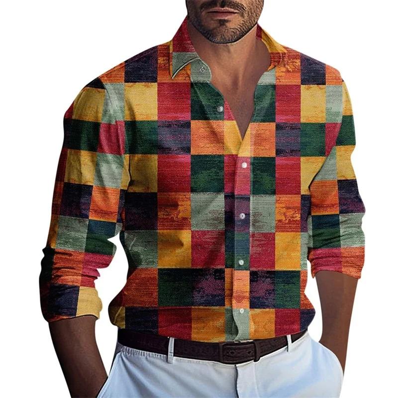 Nowa męska koszula z długim rękawem, codzienna moda, wzór w kratkę 3D, zapinana na guziki, klasyczna koszula, top